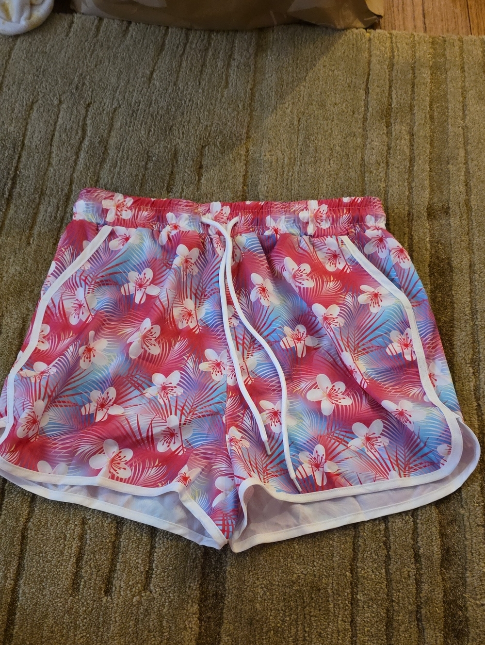 Girl's Tropical Floral Athletic Shorts in Pink with White Trim Size 2XL